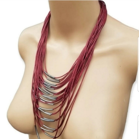 CHARMING CHARLIE LIGHTWEIGHT LAYERED BURGUNDY CORD NECKLACE - Picture 2 of 4